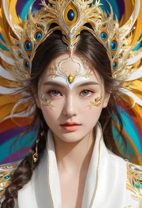 (masterpiece, Top quality, best quality, Official Art, beautiful and aesthetic:1.2), (1 Girl), Extremely detailed eyes, (Fractal Art:1.3), rich and colorful, The most detailed, (Perfect face), Glowing skin, Human Development Report, (white cloak golden lin...