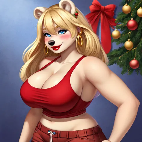 Blonde polar bear woman, wearing a Christmas tank top and jean shorts, perfect face, blue eyes, big breasts, cleavage, three-quarter view, solo, smile, perfect detailed body, red lipstick, gold earring, hand on hips, blushing