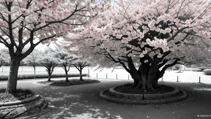 Sakura cherry tree in black and white vegetation 