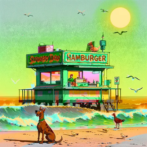 Sunset, dim glow, neon, dazzling, warm dark rich coloring, Scooby Doo distinct to original cartoon, ocean front fast food shack, operated by Scooby Doo and Shaggy, waves, sea breeze, seagulls,  The scene is minimal, serene, perfect, strange, candid, cinema...