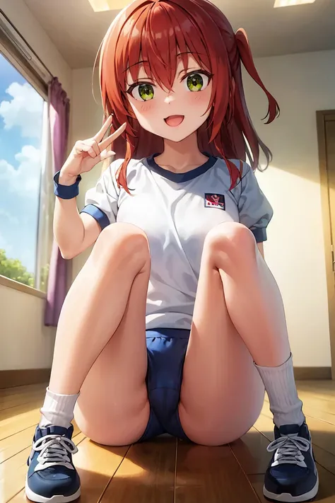 room, 1 Girl, Highest quality, Ultra-high resolution, Long Hair, Redhead, Green Eyes,Looking at the audience, Small breasts , smile, Open your mouth、(Navy blue cuffs and white short-sleeved gym uniform)、(Navy Blue Bloomers)、(
barefoot)、Navy blue socks、spor...