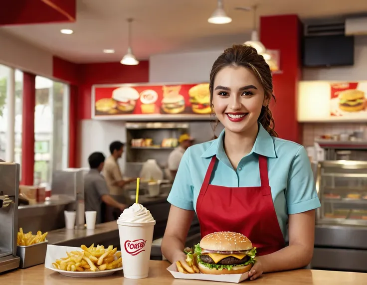 a fast food worker, fast food restaurant, fast food counter, fast food apron, fast food uniform, french fries, hamburger, cheeseburger, soda, milkshake, cashier, order taking, cooking, serving, smiling, friendly expression, dynamic pose, bright lighting, w...