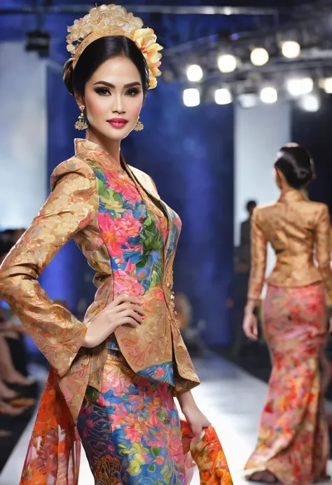 A realistic beautiful woman , kebaya, batik , runway , fashion show 