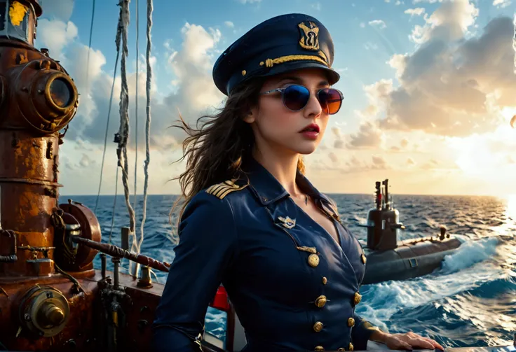 a stern woman (age 25, sexy navy costume, captain's hat, sunglasses), standing on the prow of a submarine speeding at the surfac...