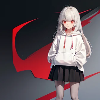 Height: 159cm,B56:W47:H:62,(Silver long hair,bangs,Sharp red eyes,Expressionless),(Oversized off-white hoodie,Black long skirt,Grey tights),