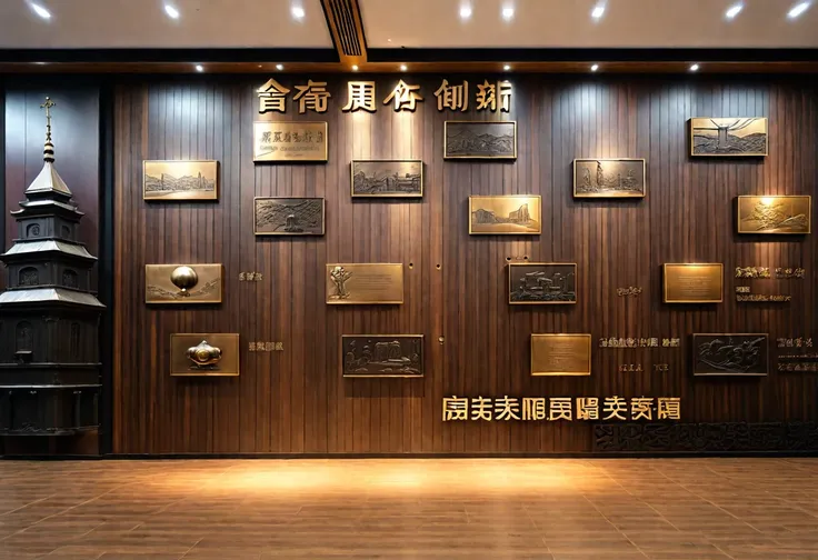 ((masterpiece))，((HD))，Exhibition hall background wall，Keep the wooden back，The bronze relief bell tower on the left，leather、Metal decoration，Modern sense of technology