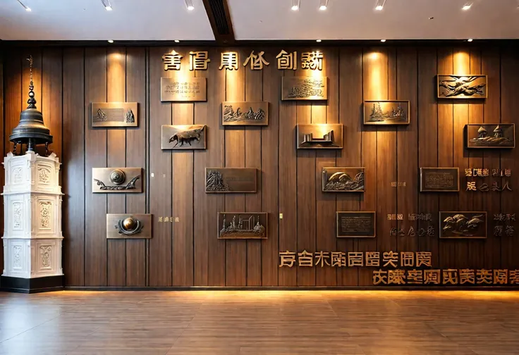 ((masterpiece))，((HD))，Exhibition hall background wall，Keep the wooden back，The bronze relief bell tower on the left，leather、Metal decoration，Modern sense of technology