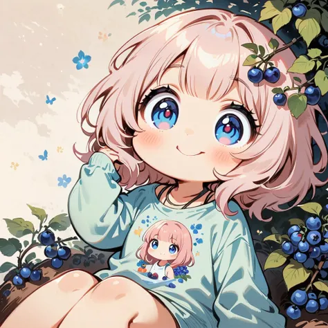 Smiling、pale pink hair、Sitting、Make the face a little slimmer、Blueberry field、There are lots of blueberries on the trees、Picking and eating blueberries、Cartoon style character design，1 Girl, alone，Big eyes，Cute expression，Tank top、interesting，interesting，C...