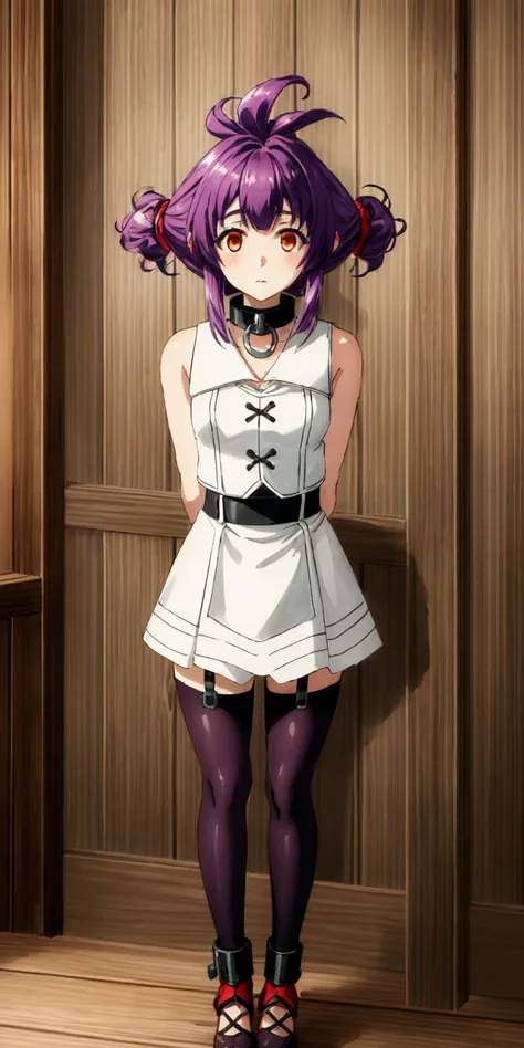 (masterpiece, best quality), intricate details, 1girl, Sherry purple hair, (standing by wooden pole:1.2), iron collar, arms behind back, iron cuffs, shackles, bound