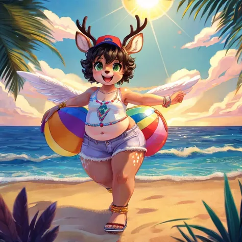 Cute, deer boy, small deer antlers, innocent, chubby, fat, big thighs, androgynous, femboy, short curly hair, black hair, fawn spots, freakles, ((cute)), smiling, wearing cottage core outfit, pastel color scheme, young, cartoony, adorable, deer tail, moss ...