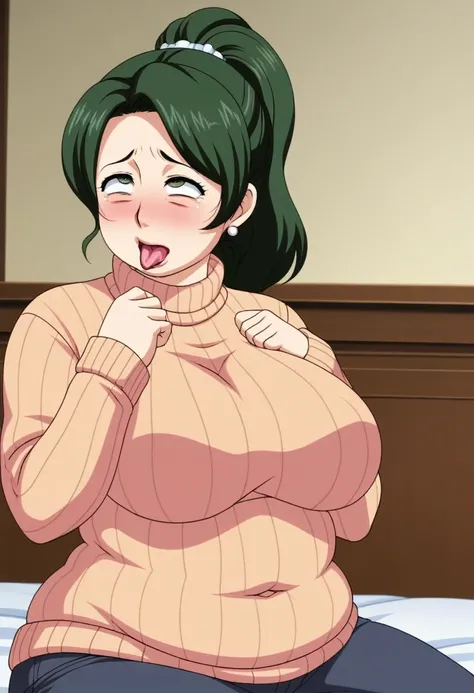 Anime Screenshot, chubby, milf, shy, pudgy face, large round eyes, dark green hair, ponytail, sweater, awkward ahegao