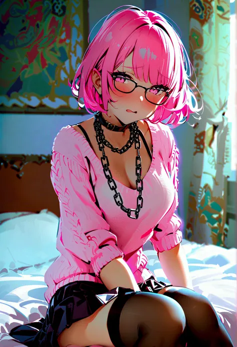 pink hair black glasses pink eyes extremely blushing a big pink sweater a short black skirt at the waist some chains black stockings that she is a reserved girl her bed that she is on her knees touching her butt that I have a dildo stuck in her vagina