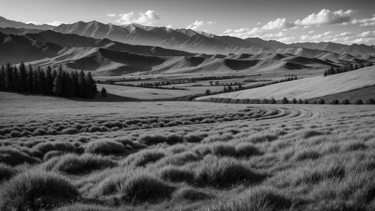 Tundras in green fields in black and white