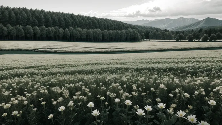 Tundras in green fields in black and white