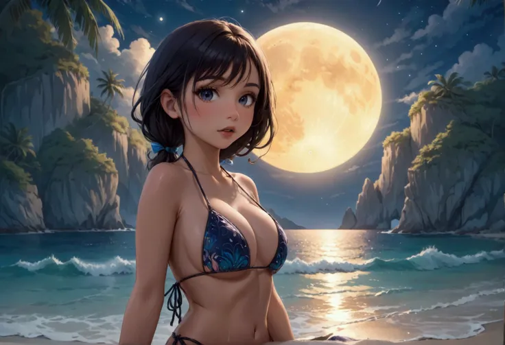 A cute woman, string bikini, sexy poses on moonlit beach