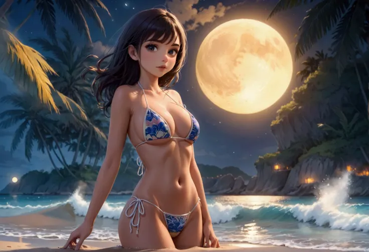 A cute woman, string bikini, sexy poses on moonlit beach