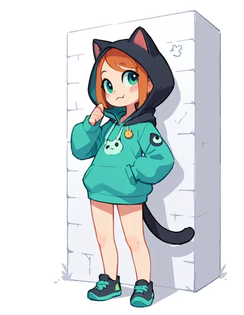 The Q version of the cute cat, spying behind a wall, sirprised expresión, cute, white background, hoodie, full body