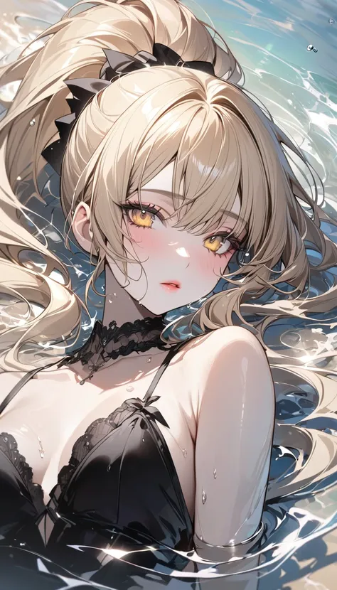 Highest quality　masterpiece　High resolution　Long blonde hair　　ponytail　Center Part　Character Portrait　Yellow Eyes　Pale pink lips　Fluffy body　Black sleeveless　Lying on the beach　Dazzling Water　Floating Feeling　Pale Light