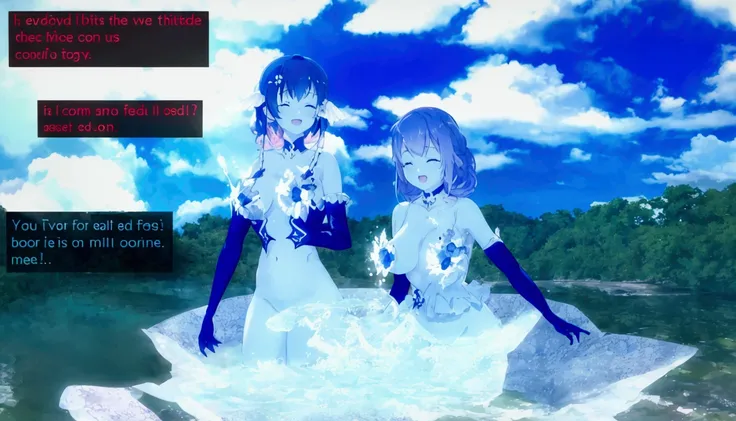 anime screenshot of two girls in white dresses standing in a field, Happy!!!, 4K], 4k yen ], Blue skinned, Water Spirit, [ floating ]!!, Lively landscapes, full_body!!, 8K!!, full!! body! shot, Pixiv 3DCG, 4K!, pc screenshot, [ Conceptual Art ]!!, tsuaii