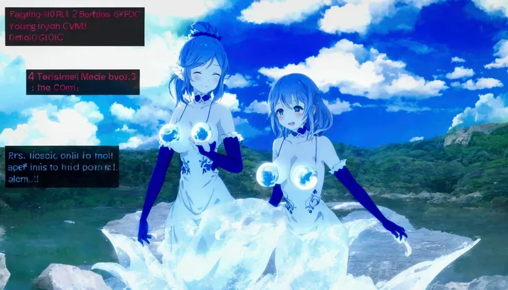 anime screenshot of two girls in white dresses standing in a field, Happy!!!, 4K], 4k yen ], Blue skinned, Water Spirit, [ floating ]!!, Lively landscapes, full_body!!, 8K!!, full!! body! shot, Pixiv 3DCG, 4K!, pc screenshot, [ Conceptual Art ]!!, tsuaii