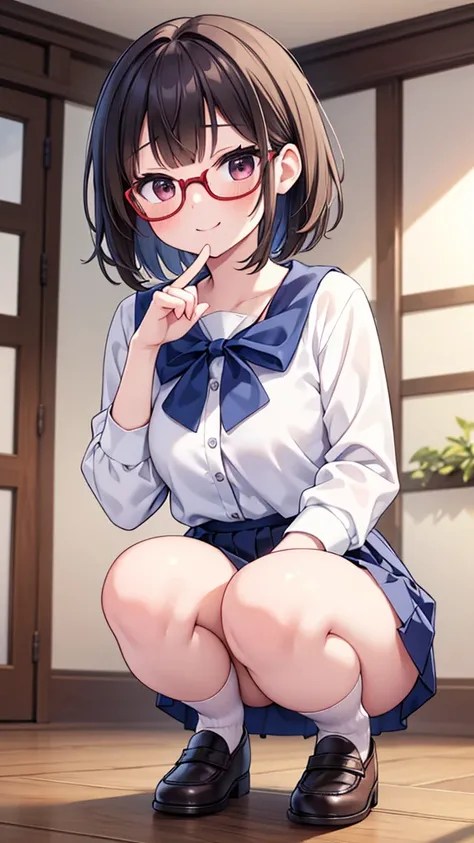 18-year-old、pretty girl , thin、Short brown hair,squat、surprise、mischief、Saucy、 Provocative smile、Shyness、Steam rises around her, Shooting from below, One Girl, Very short hair, Red frame glasses、White blouse, Navy Blue Skirt, Navy blue socks, Brown Loafers...