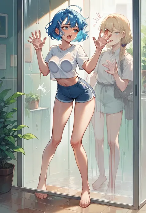 a woman, head on, blue hair, being pressed by a transparent glass, slap, breasts, Thighs, being pressed by the transparent glass, bare legs, barefoot, clear glass pressure 