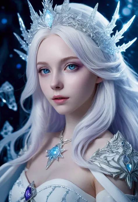 1 girl, purples eyes, White hair, pale skin, white clothes with light blue details, ice witch, Light particles, fullcolor, good lighting, wall-paper.