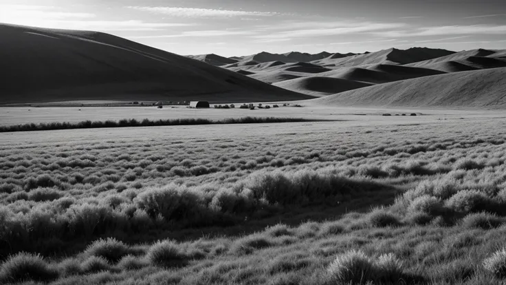 Tundras in large fields in black and white 