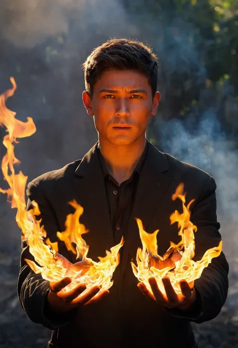 Generate an image of a person standing with open palms, where flames of fire come from. The flames must be intense and vivid, illuminating the person and the surrounding environment. The person must have a determined and powerful facial expression.