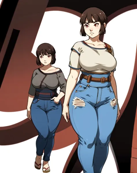 masterpiece, tight denim pants, chubby but small breasts, very thick legs++, full body+, solo, realistic, swollen face, japanese...