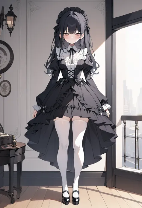 Masterpiece, absurdness, high detailed, black hair, gothic lolita, full body, standing, white thighhighs,