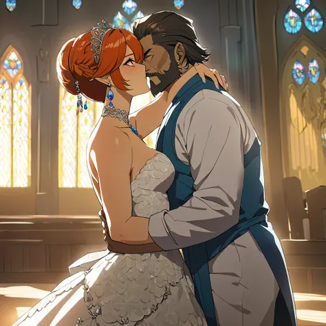 ((Highest quality)), ((masterpiece)), (detailed), （Perfect Face）、The woman is Princess Zelda, wearing a gorgeous Gerudo wedding dress.、The man is a dignified, middle-aged Gerudo man named Ganondorf, with a beard, muscular red hair and dark skin, and is dre...