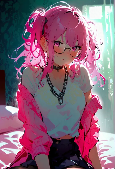 pink hair black glasses pink eyes extremely blushing a big pink sweater a short black skirt at the waist some chains black stockings that she is a reserved girl her bed that she is on her knees touching her butt that I have a dildo stuck in her vagina