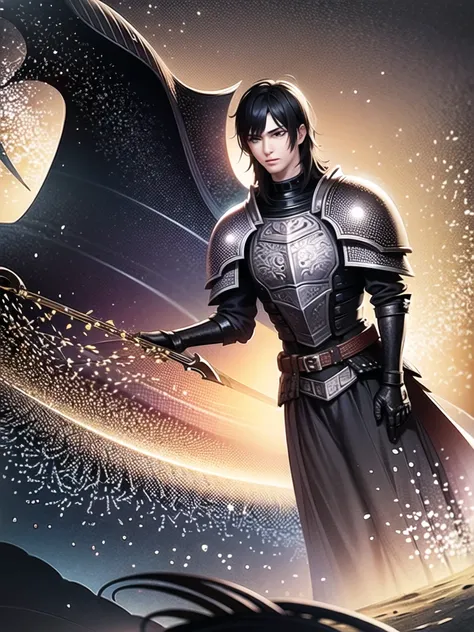 (masterpiece, top quality, best quality, official art, beautiful and aesthetic:1.2), (1guy), knight, black hair, blue eyes, (black armor:1.3), black cape with stars, serious look, holding a black greatsword, stars in background, extreme detailed,(fractal a...