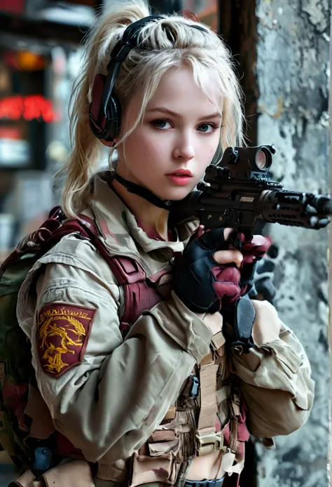 ((best quality)), photorealistic, Photorealism, Photorealistic, high resolution, 1girl aiming with an assault rifle, Beautiful, Baby Face, 20 Years Old, White Skin, pale skin, Large Breasts, huge breast,nude,visible vagina, Combat pose, looking at the came...