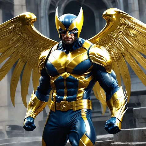 Wolverine with wings and gold costume, 8 k quality