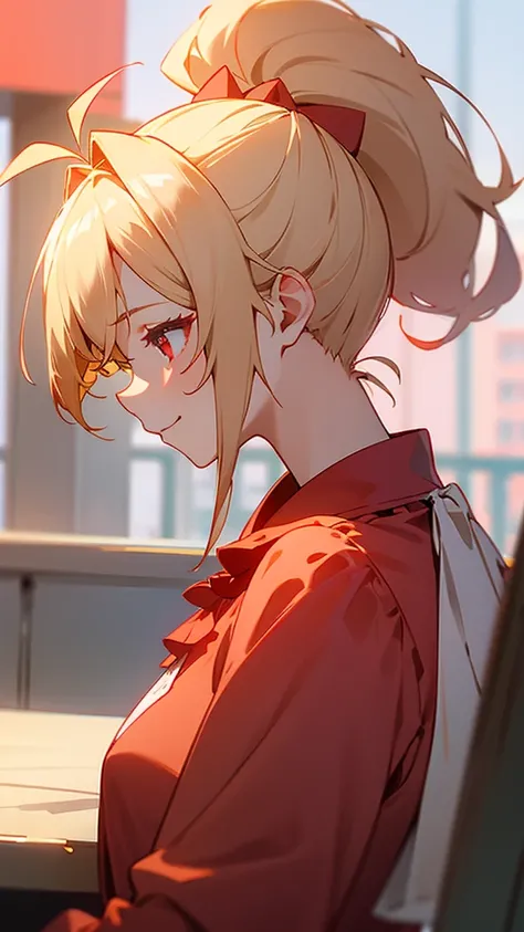 １girl、blonde、ponytail、Round red eyes、Ahoge、red blouse shirt、smile、profile、Face close-up、Morning Cafe Terrace、Background blur, Written boundary depth