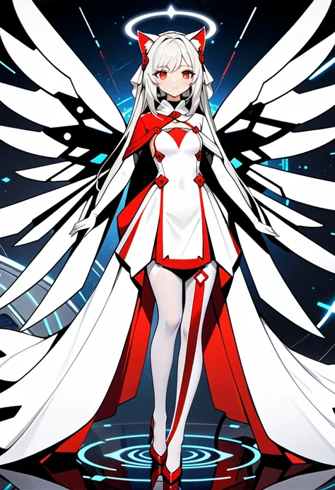 masterpiece, highest quality, highest resolution, clear_image, detailed details, White hair, long hair, cat ears, 1 girl, red eyes, imperial wedding dress, white pantyhose, white scarf (around the neck), gray futuristic halo, futuristic wings, beautiful, f...