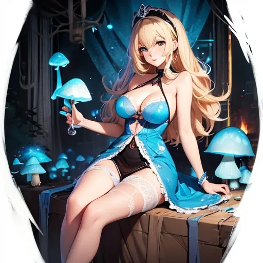 a beautiful 20 year old blonde woman with big messy hair in a blue dress, white stockings, black headband, cleavage, holding a glowing mushroom, fantasy art style, rossdraws cartoon vibrant, alice x. zhang, alice in wonderland cyberpunk, cute detailed digi...