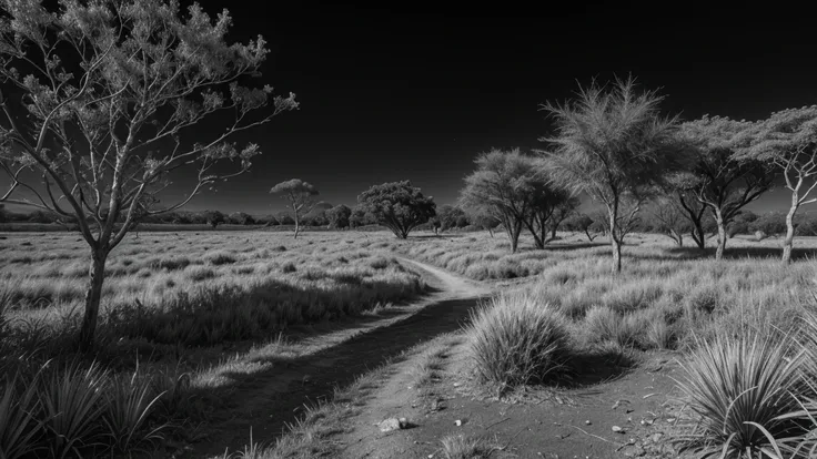 Cerrado vegetation in black and white 