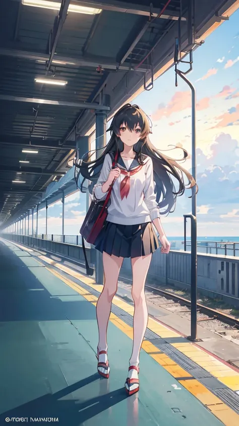 Anime girl with long hair walking on a train platform., Kantai Collection Style, railgun, Perfect, kantai collection gallery, cancolle, Makoto Shinkai Style, visual anime of a cute girl, makoto shinkai art style, beautiful anime high school girl, 4K anime ...