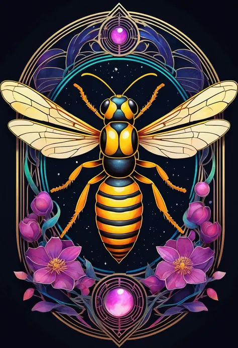 "Core design of a wasp: Art Nouveau, vector with vibrant colors and synthwave. Simple background, -ar 1:1. High quality, watercolor logo style with 3D puff printing effect. Strong, dark colors, monochromatic background, by yukisakura, original and incredib...