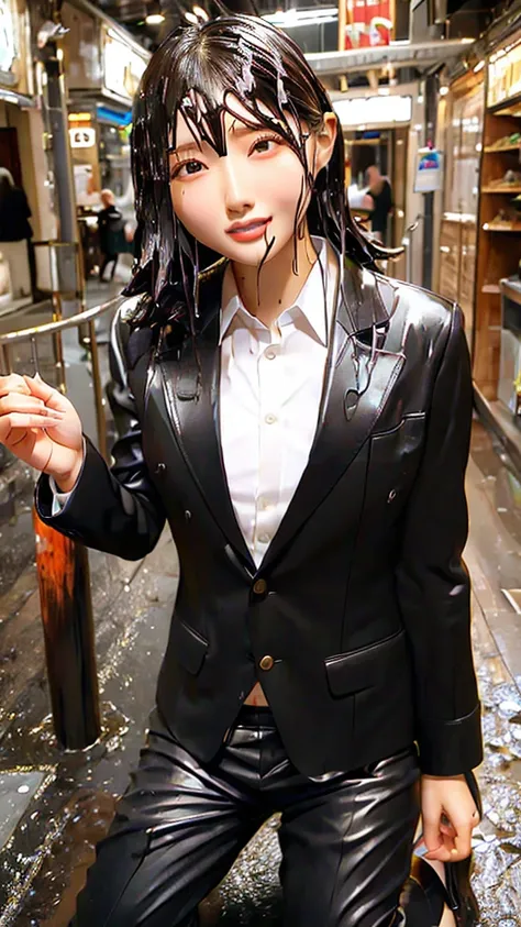 Highest,masterpiece,Highest品質,High resolution,high quality,Realistic,Medium Hair,Wet髪,Pants Style,High heels, Collared shirt,,Black jacket,suit:1.5,Wet,Sweat,orgasm,Fair skin,Oily skin,ID card,White chocolate:2.0,Embarrassed face:1.2,