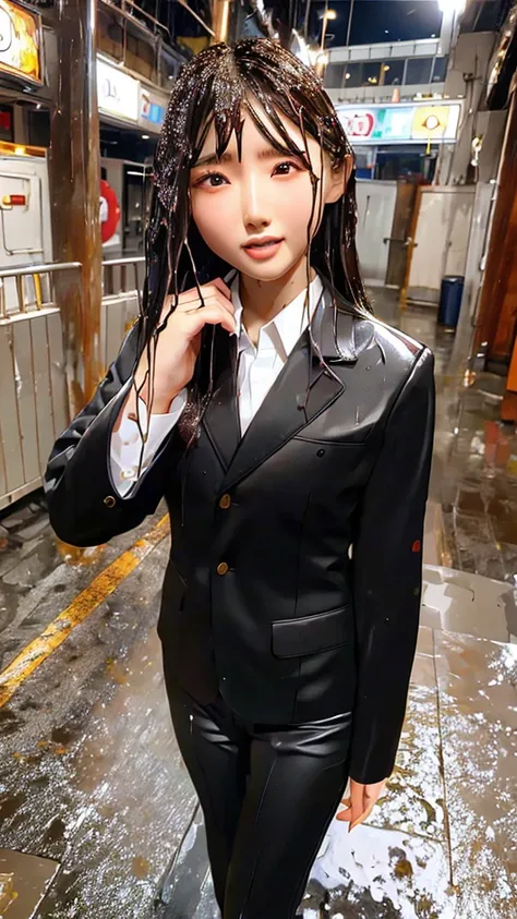 Highest,masterpiece,Highest品質,High resolution,high quality,Realistic,Medium Hair,Wet髪,Pants Style,High heels, Collared shirt,,Black jacket,suit:1.5,Wet,Sweat,orgasm,Fair skin,Oily skin,ID card,White chocolate:2.0,Embarrassed face:1.2,