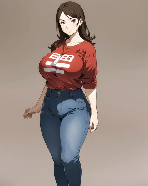 masterpiece, tight denim pants, chubby but small breasts, very thick legs++, Full body+, Solo, Realistic, Swollen face, Japanese face, Moderately fat body type+, 1 woman, wide shoulder, T-shirt,  Denim pants, thick thighs, Thick waist++, low rise black den...