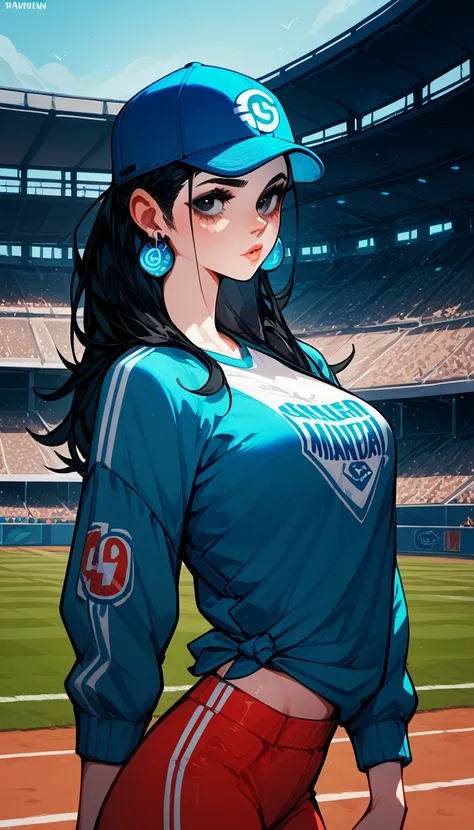 Midsummer Stadium Baseball Black Hair Girl。He is wearing a light blue baseball shirt with a summery blue and white look.、Baseball Cap、Vision、Visionのスタジアム、