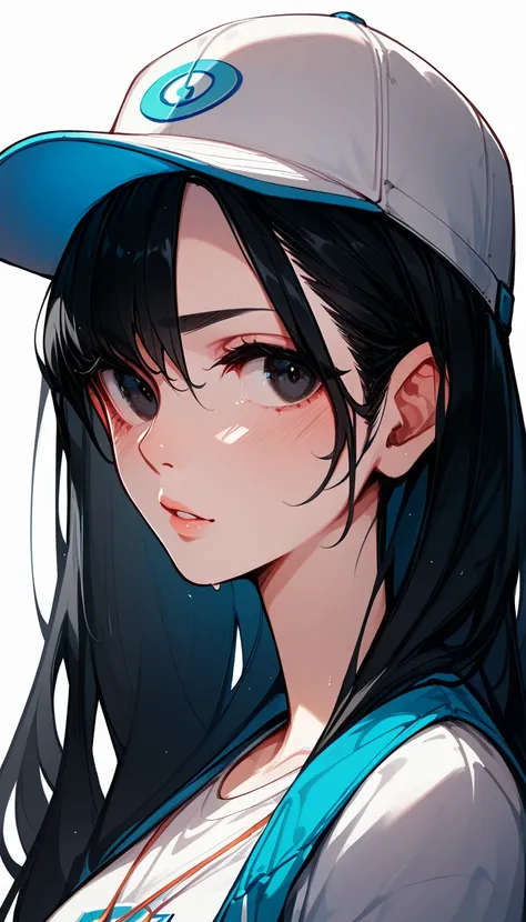 Midsummer Stadium Baseball Black Hair Girl。He is wearing a light blue baseball shirt with a summery blue and white look.、Baseball Cap、Vision、Visionのスタジアム、