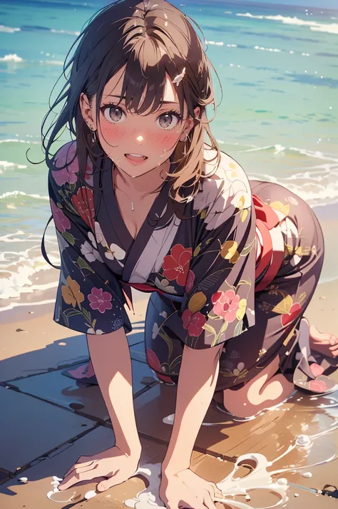 (masterpiece), (best quality), (ultra-detailed), (best illustration), (best shadow), (absurdres), Female, 25 years old, looking at viewer, steam, shy, nose blush, nsfw, medium breasts, nude, o-face, climax, light smile, kimono, topless, cum, bukkake,