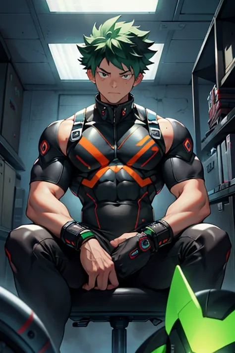 Midoriya from My Hero Academia as a hyper muscular brainwashed drone wearing a full body black shiny rubber latex gimp uniform staring blankly ahead with vapid expression at a computer screen displaying a hypnotic spiral while he sits in a restraint chair ...