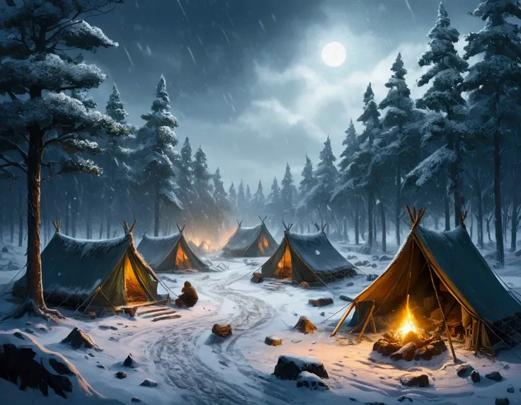 Illustration a village (( Campsite )) Viking faced a relentless blizzard. Surrounding by a forest 